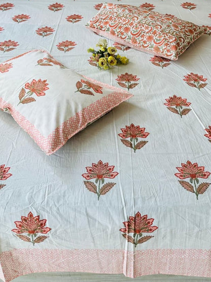 Noor orange floral pure cotton bedsheet – pillow cover detail