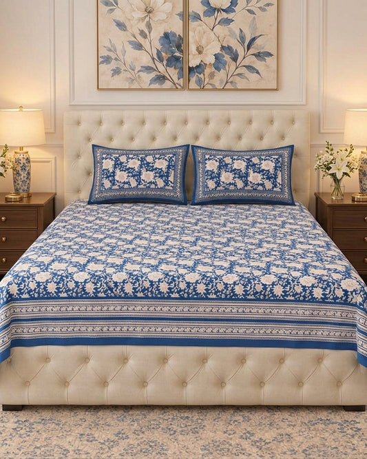 Padmaja Blue Everyday Cotton bedsheet and pillow covers on a bed with a navy upholstered headboard