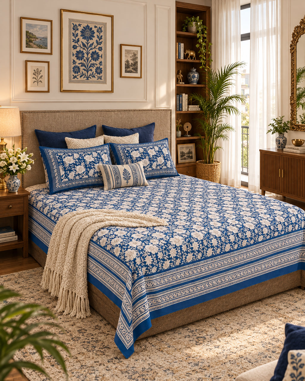 Padmaja Blue Everyday Cotton bedsheet with ivory florals on navy, styled with a cream throw and striped cushion