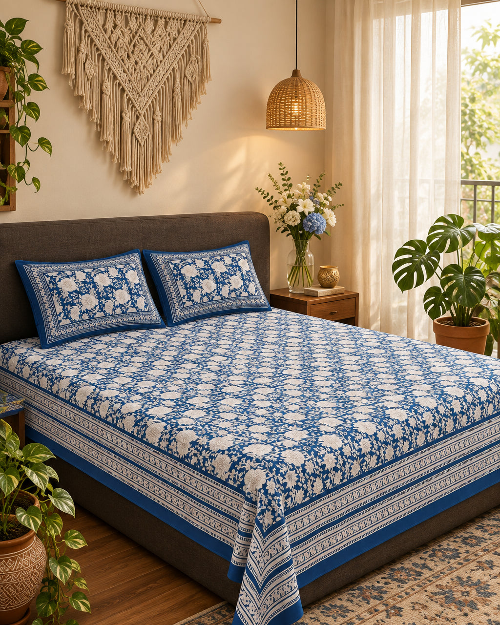 Padmaja Blue navy floral bedsheet with striped border on a grey upholstered bed beside a macramé wall hanging