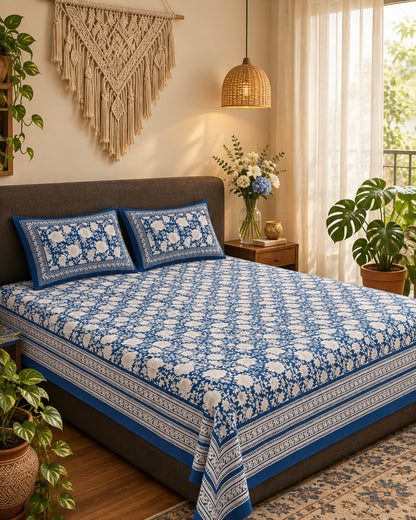Padmaja Blue navy floral bedsheet with striped border on a grey upholstered bed beside a macramé wall hanging
