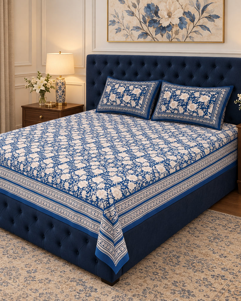 Padmaja Blue Everyday Cotton bedsheet and pillow covers on a bed with a navy upholstered headboard