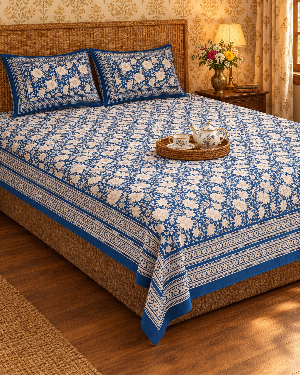 Padmaja Blue bedsheet with ivory florals on navy and a striped border, with a tea tray on a cane-headboard bed