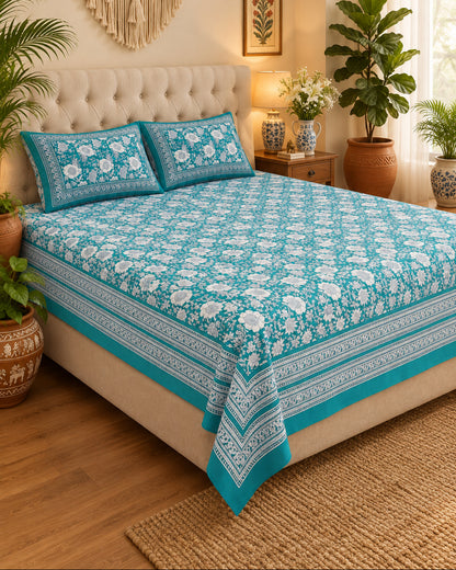 Padmaja Teal floral bedsheet with a striped teal border on a bed with a light upholstered headboard