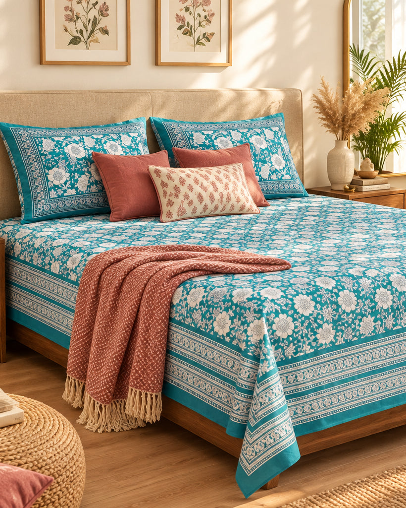 Padmaja Teal bedsheet styled with terracotta cushions and a red throw