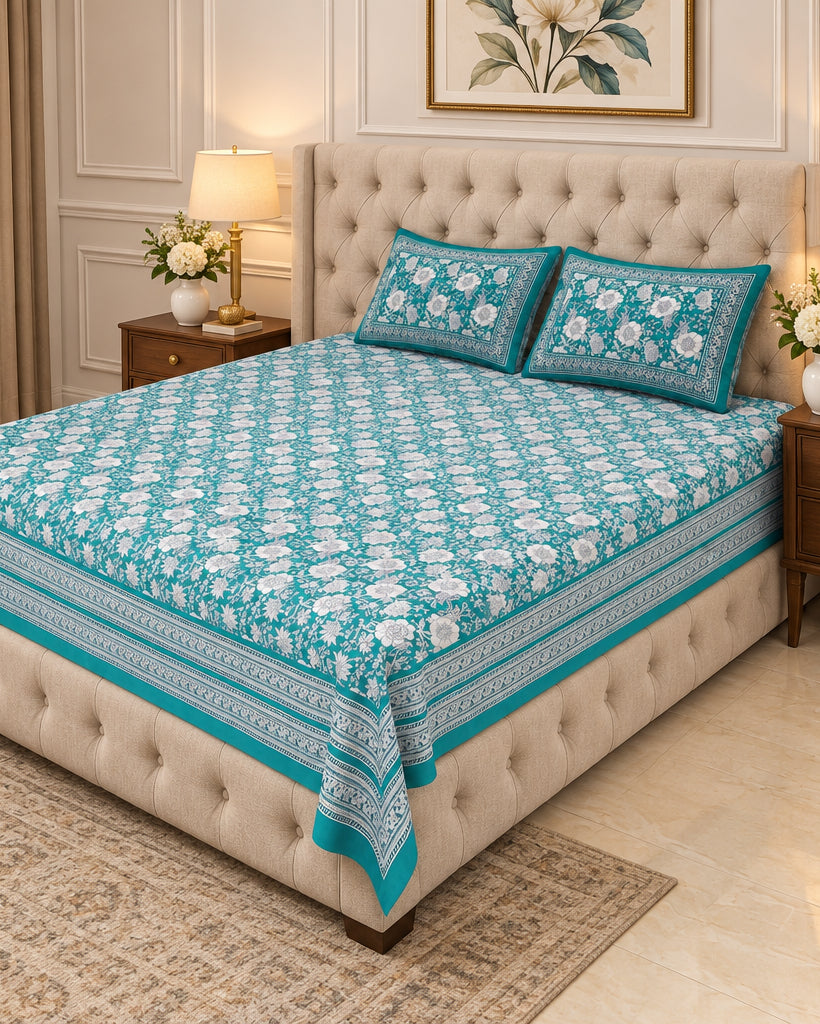 Padmaja Teal Everyday Cotton bedsheet and pillow covers on a beige tufted bed