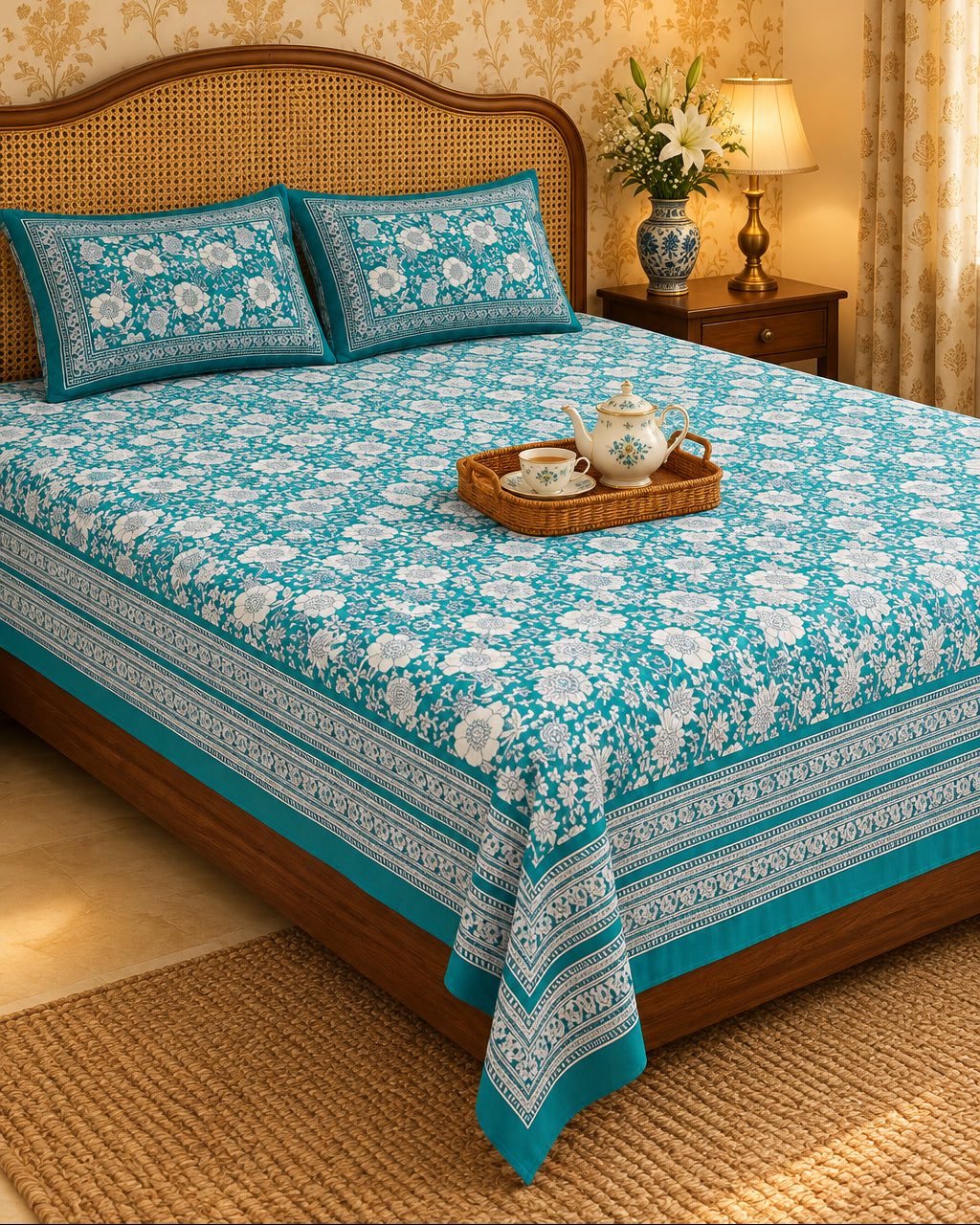 Padmaja Teal bedsheet with ivory florals and a striped border, with a tea tray on a cane-headboard bed