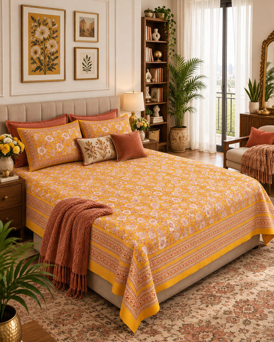 Padmaja Orange Everyday Cotton bedsheet with ivory florals on mustard-orange, styled with a rust throw