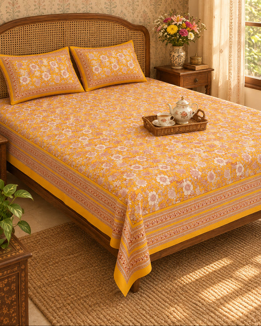 Padmaja Orange bedsheet with ivory florals and a yellow-edged border, with a tea tray on a cane-headboard bed