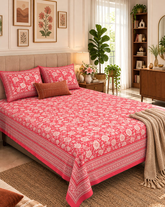 Padmaja Pink Everyday Cotton bedsheet with ivory florals on coral pink, styled with a brick-red cushion and beige throw