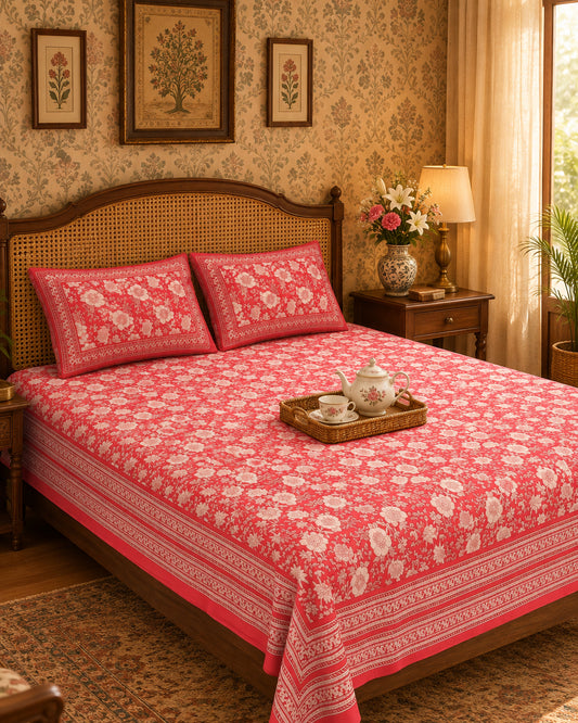 Padmaja Pink bedsheet with ivory florals and a striped border, with a tea tray on a cane-headboard bed