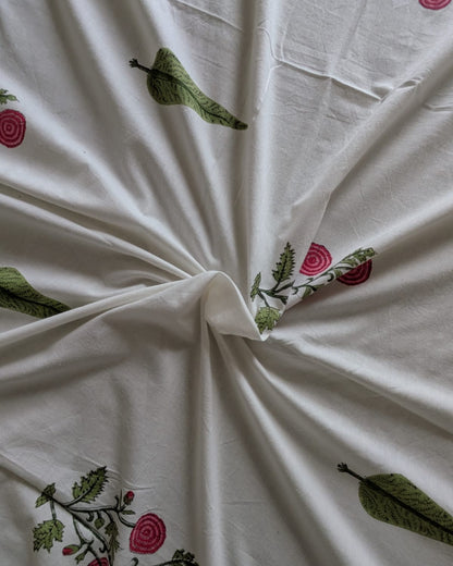Palash hand block Soft Fine Cotton fabric – close-up of pink flower and green leaves