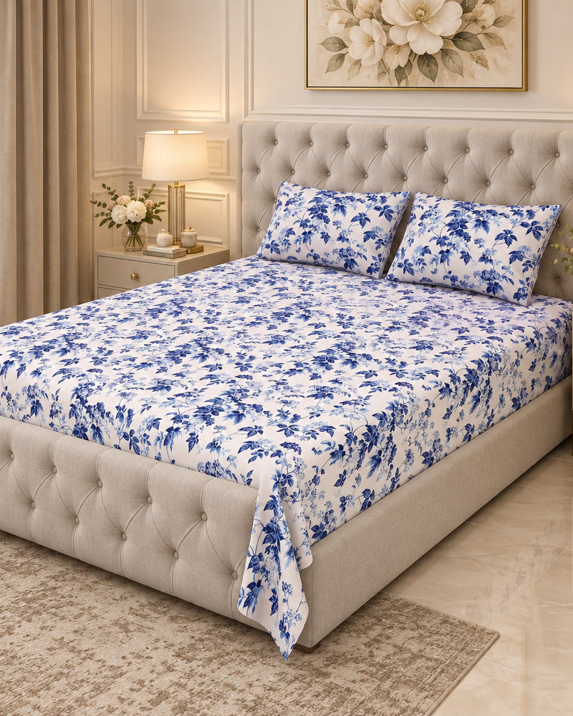 Pallav Blue bedsheet and pillow covers on a grey tufted bed