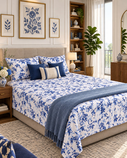 Pallav Blue Everyday Cotton bedsheet with indigo florals on white, styled with navy cushions and a blue throw