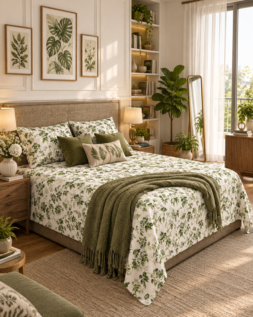 Pallav Green Everyday Cotton bedsheet with olive-green florals on white, styled with an olive throw