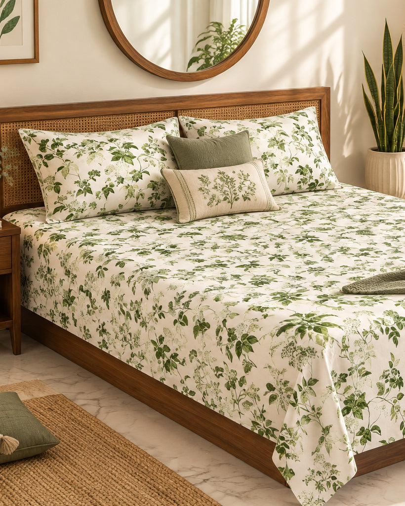 Pallav Green bedsheet styled with sage cushions on a wooden bed