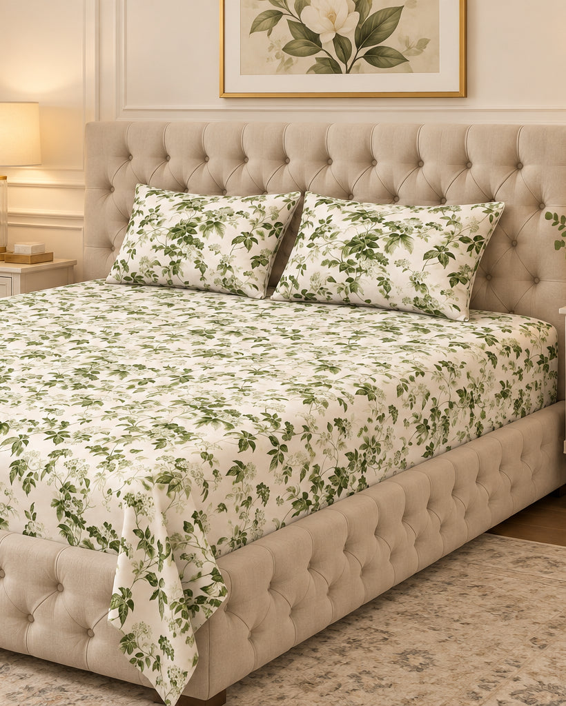 Pallav Green bedsheet and pillow covers on a beige tufted bed