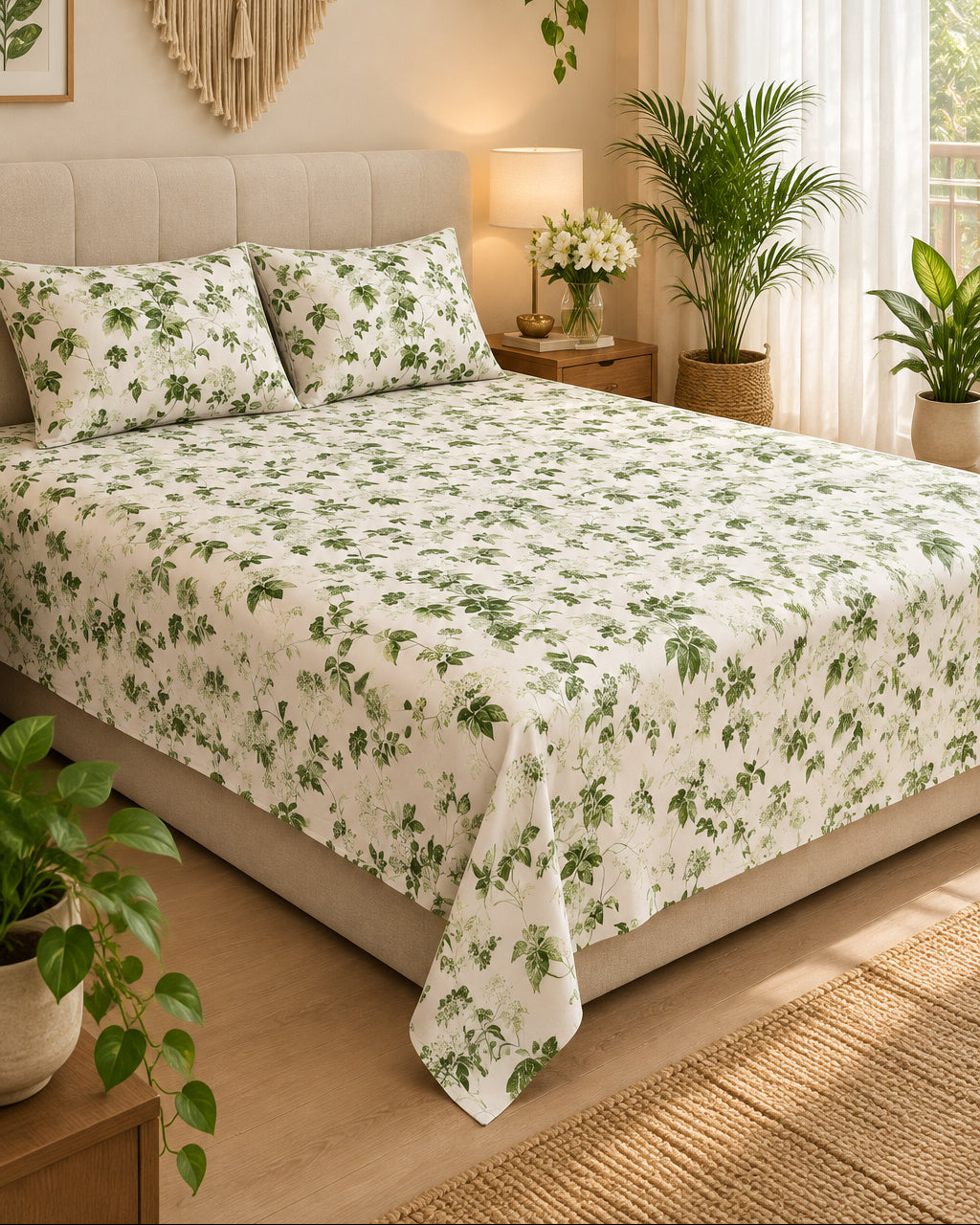 Pallav Green olive floral bedsheet on a bed with a light headboard