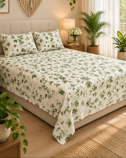 Pallav Green olive floral bedsheet on a bed with a light headboard