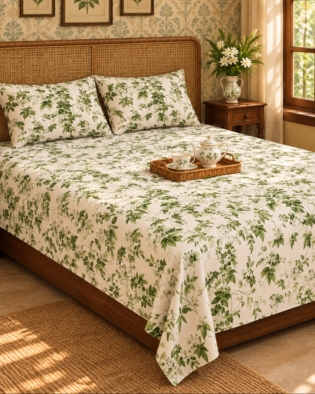 Pallav Green floral bedsheet with a tea tray on a cane-headboard bed