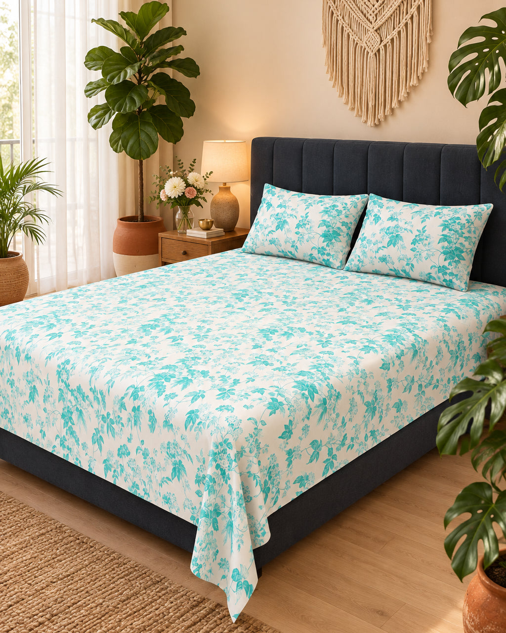 Pallav Light Blue aqua floral bedsheet on a bed with a dark headboard beside a macramé wall hanging