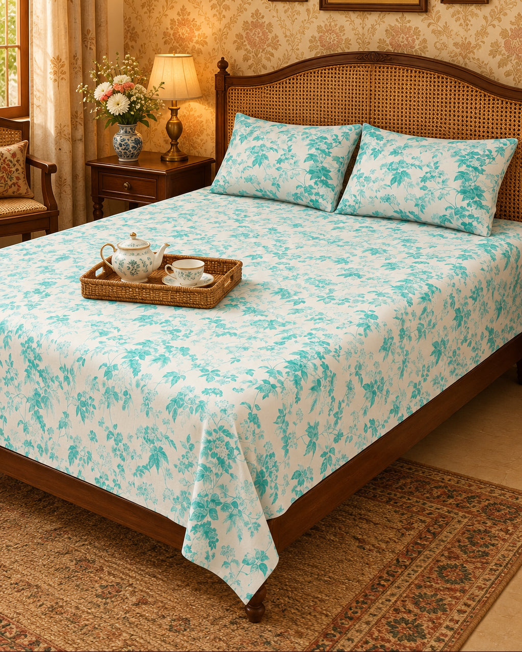Pallav Light Blue aqua floral bedsheet with a tea tray on a cane-headboard bed