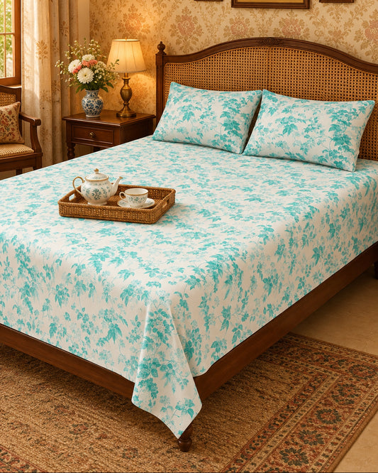 Pallav Light Blue aqua floral bedsheet with a tea tray on a cane-headboard bed
