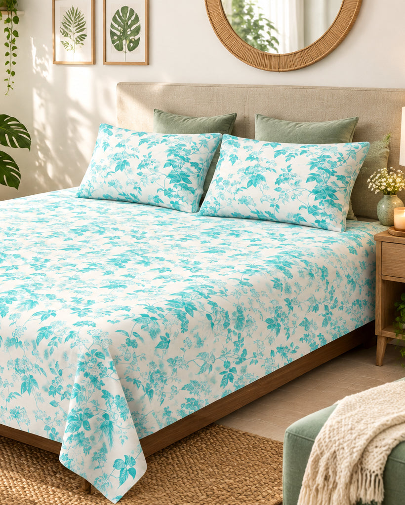 Pallav Light Blue floral bedsheet and pillow covers on a bed with a light headboard