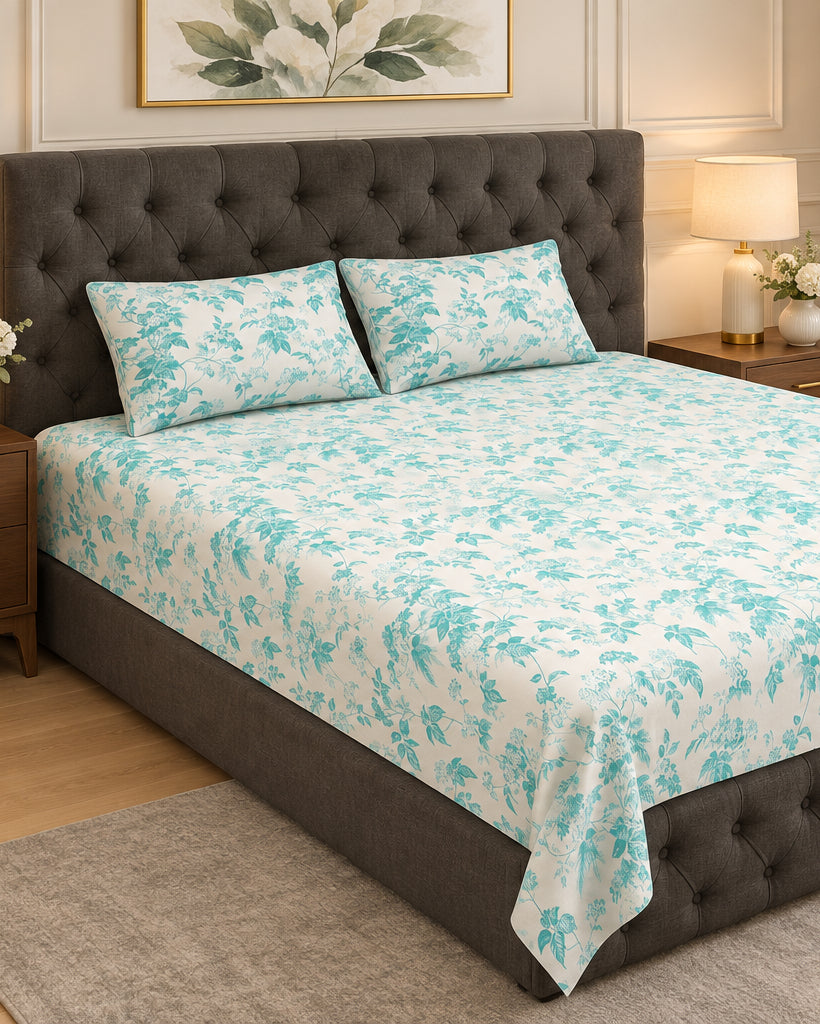 Pallav Light Blue bedsheet and pillow covers on a charcoal tufted bed