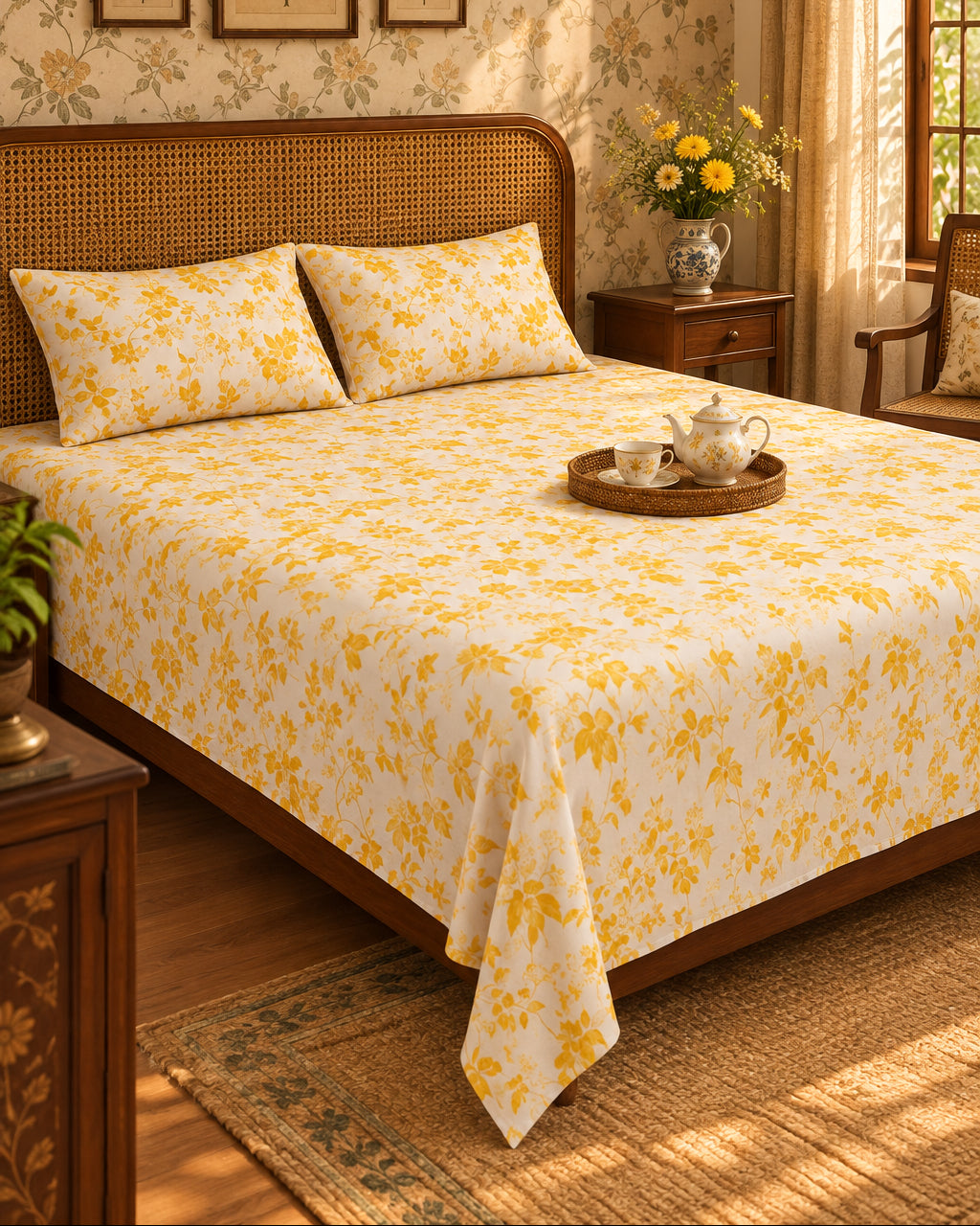 Pallav Yellow floral bedsheet with a tea tray on a cane-headboard bed