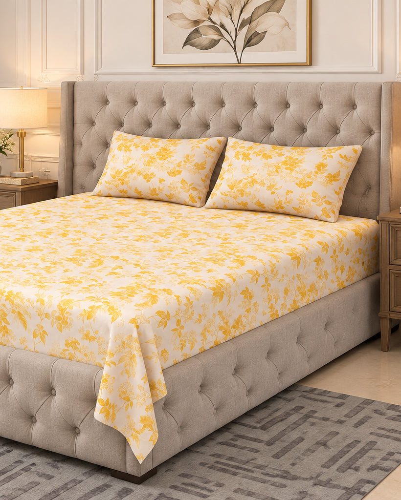 Pallav Yellow mustard floral bedsheet on a grey tufted bed