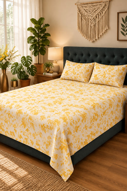 Pallav Yellow floral bedsheet and pillow covers on a charcoal upholstered bed