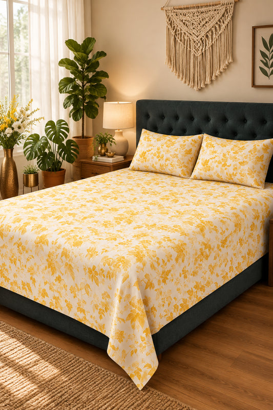 Pallav Yellow floral bedsheet and pillow covers on a charcoal upholstered bed
