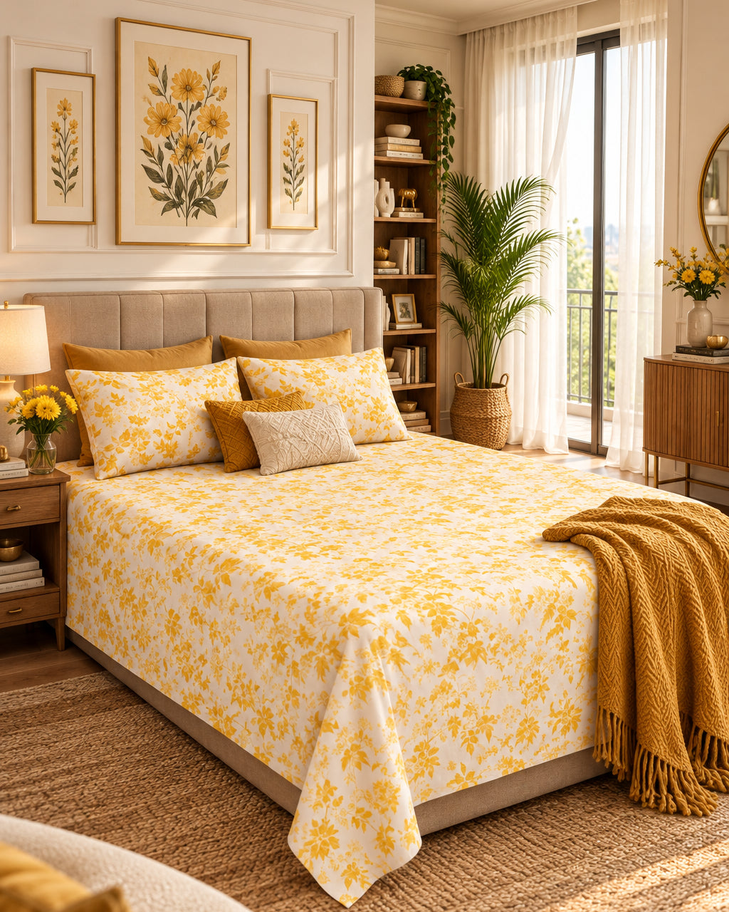 Pallav Yellow bedsheet styled with mustard cushions and a throw