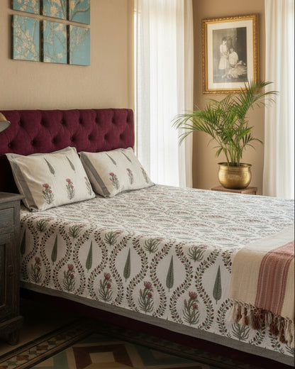 Pallavi grey leaf pure cotton bedsheet – styled on a bed
