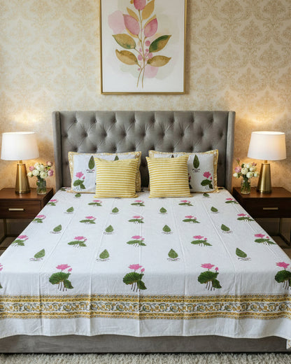 Pankaj pink lotus hand block pure cotton bedsheet – front view