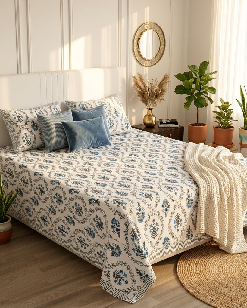 Parijat Blue bedsheet, white floral ogee jaal with blue flowers, on a bed with a cream headboard with blue cushions and a knit throw