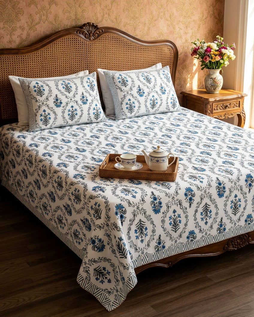 Parijat Blue bedsheet, white floral ogee jaal with blue flowers, on a bed with a cane headboard and a tea tray