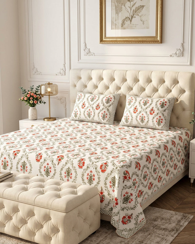 Parijat Orange bedsheet, white floral ogee jaal with coral-orange flowers, on a bed with a tufted headboard with an ottoman