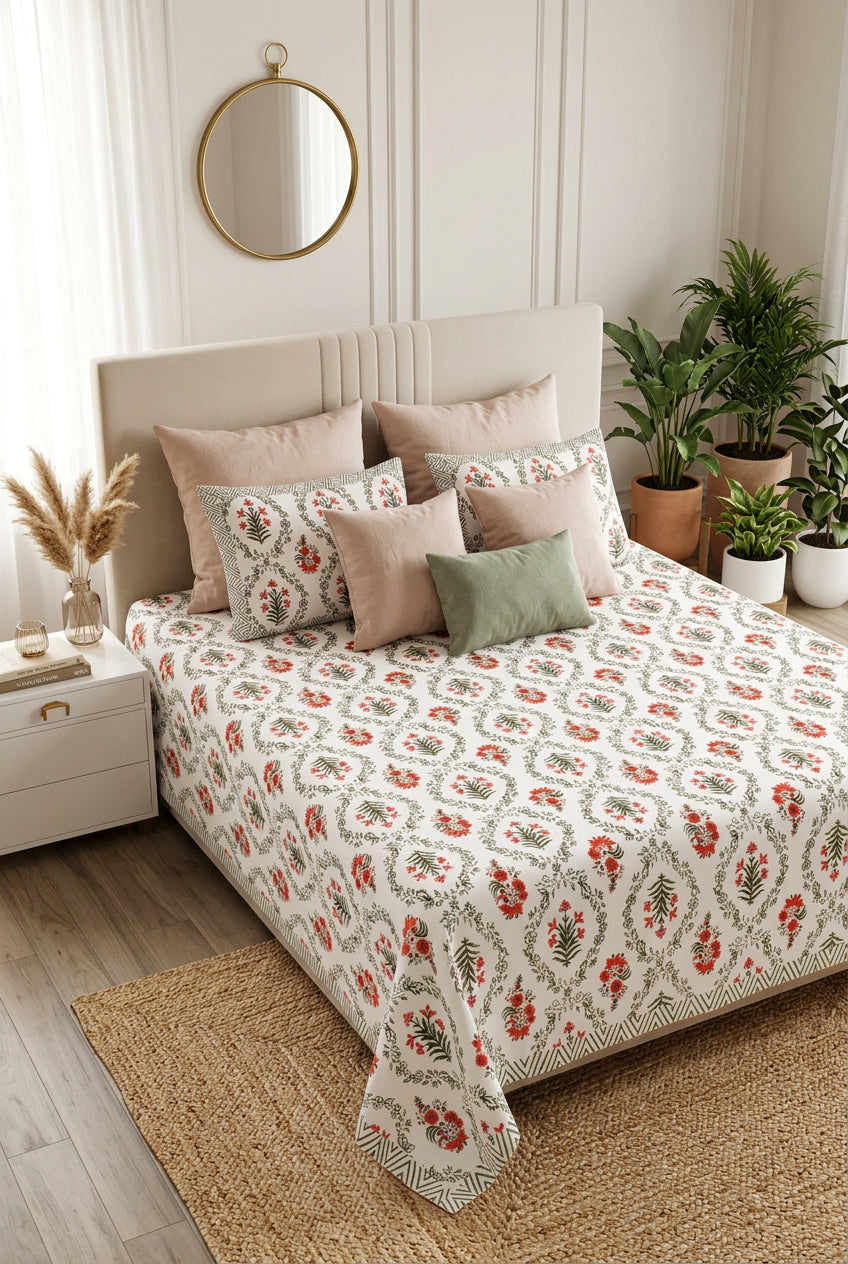 Parijat Orange bedsheet, white floral ogee jaal with coral-orange flowers, on a bed with a cream headboard with blush cushions