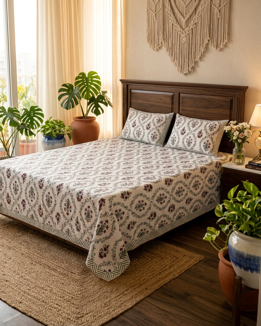 Parijat Pink bedsheet, white floral ogee jaal with berry-rose flowers, on a bed with a dark wood headboard with potted plants