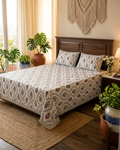 Parijat Pink bedsheet, white floral ogee jaal with berry-rose flowers, on a bed with a dark wood headboard with potted plants