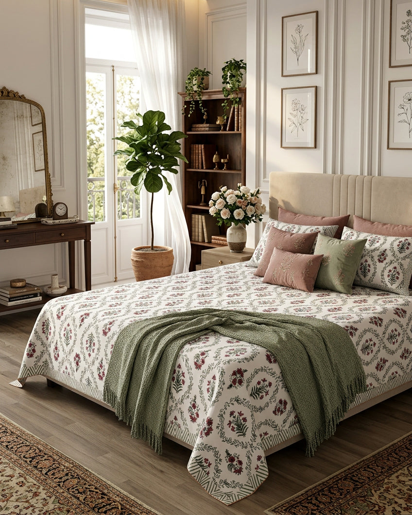 Parijat Pink bedsheet, white floral ogee jaal with berry-rose flowers, in a bedroom with a sage throw