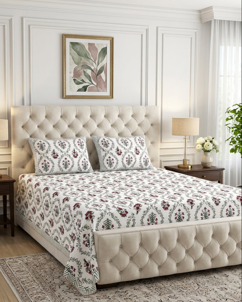 Parijat Pink bedsheet, white floral ogee jaal with berry-rose flowers, on a tufted ivory bed