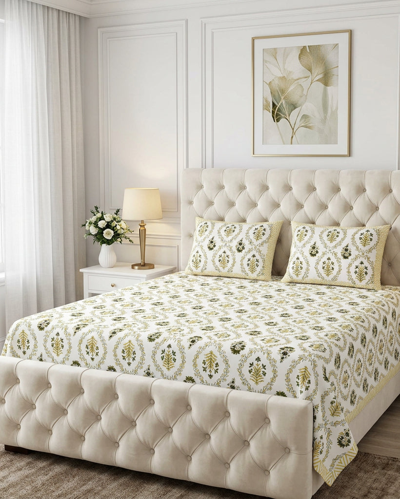 Parijat Yellow bedsheet, white floral ogee jaal with dark olive flowers, on a tufted ivory bed