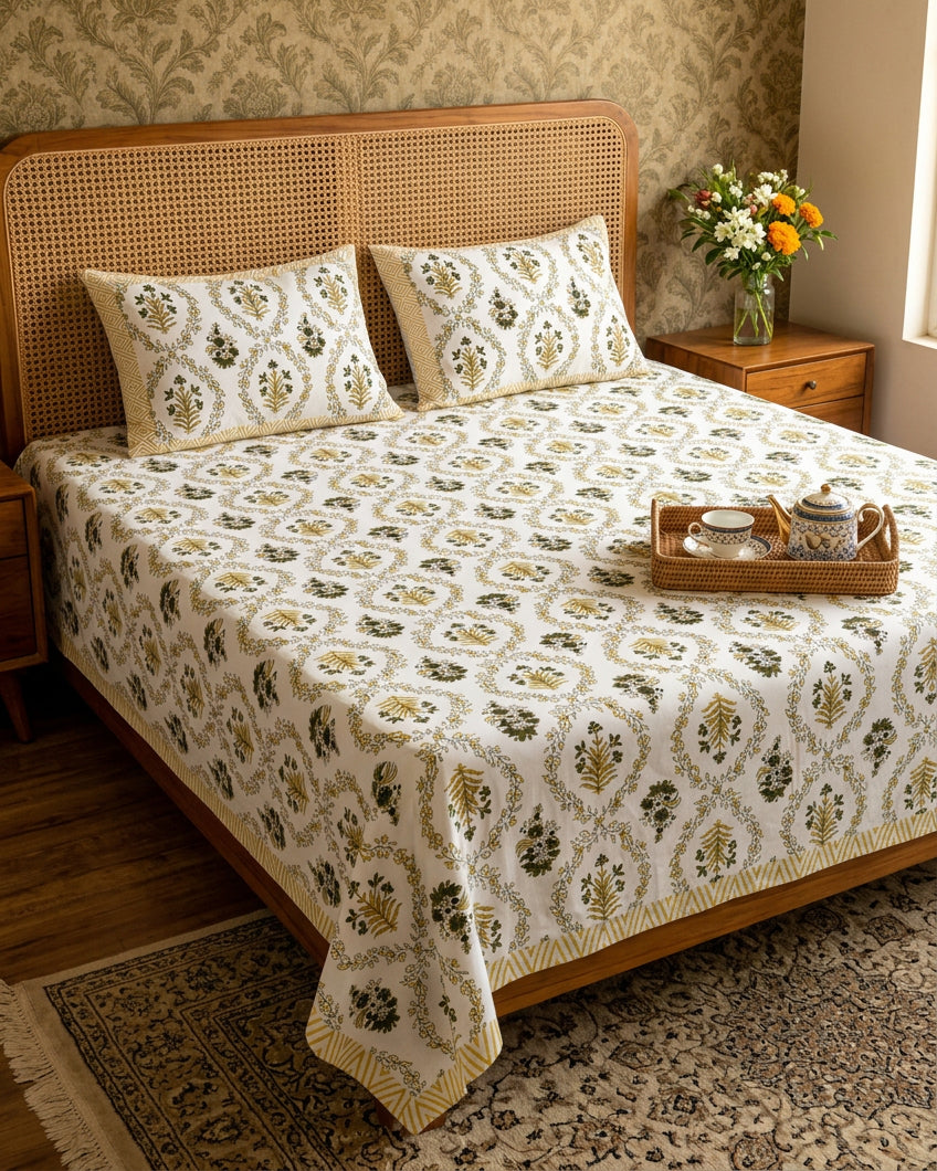 Parijat Yellow bedsheet, white floral ogee jaal with dark olive flowers, on a bed with a cane headboard and a tea tray