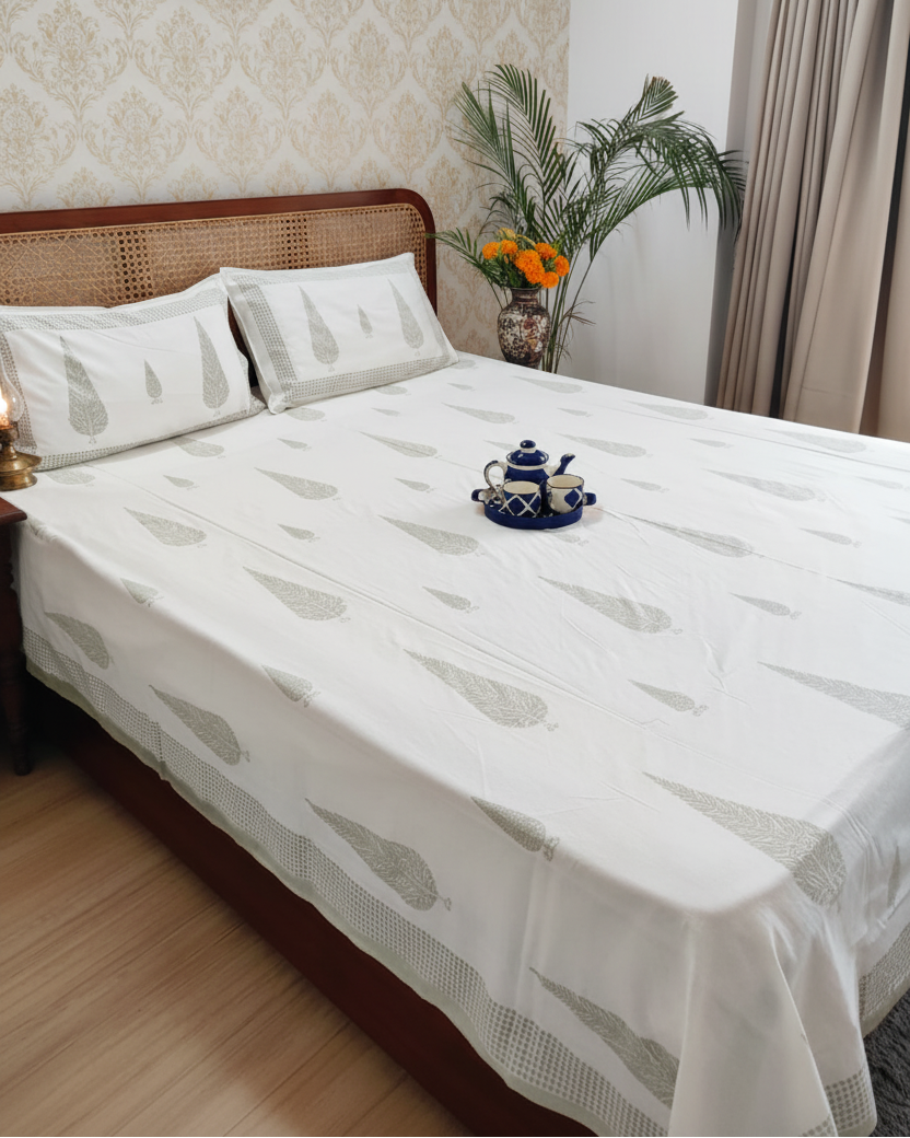 Parnika - Soft Fine Cotton Bedsheet | Olive/ Grey