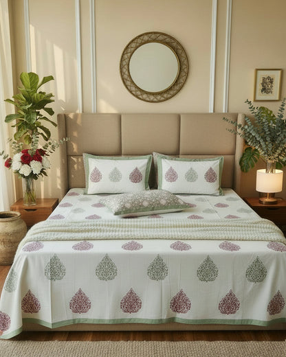 Patralekha green leaf pure cotton bedsheet – front view