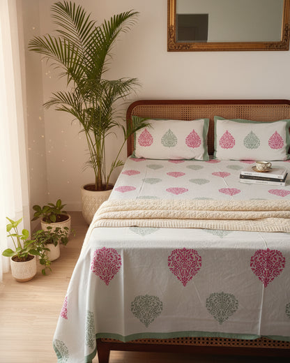 Patralekha green leaf pure cotton bedsheet – styled on a bed