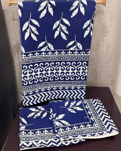Patralika indigo Bagru Everyday Cotton bedsheet – hanging on wooden hanger
